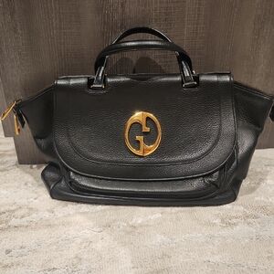 Gucci Black Leather Handbag with 1973 Inspired Gold Logo